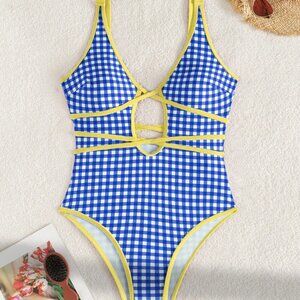 Blue Casual Women's Plaid Strap Cute V-Neck Hollow Out One-Piece swimsuit